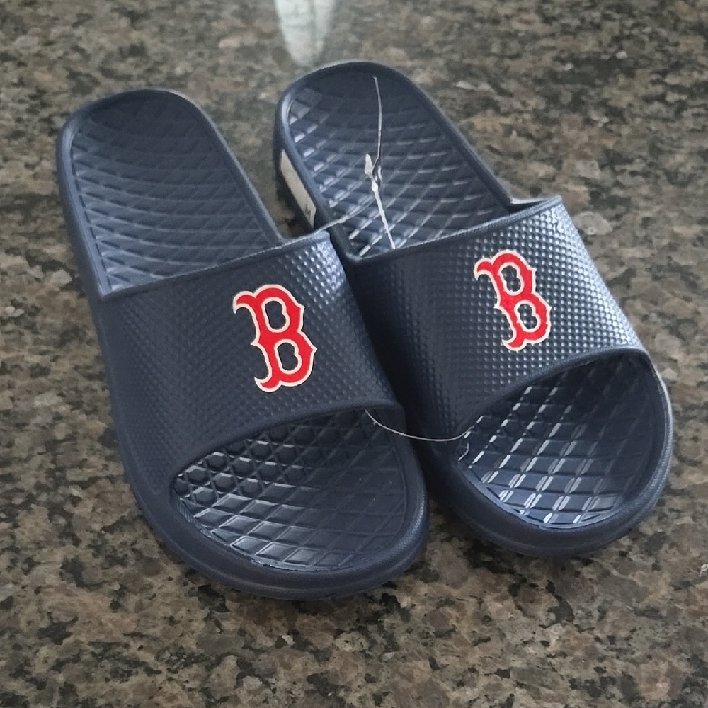 Navy Slide Sandals with Red Logo